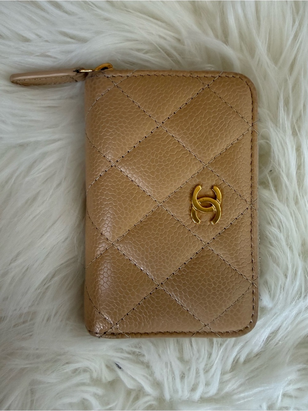 CHANEL Quilted Card Zip Wallet — Beige with Gold CC